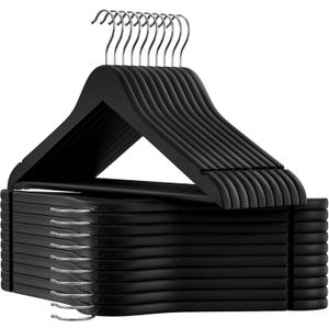 SONGMICS Set of 20 Wooden Hangers with Rubber Coating, Non-Slip Coat Hangers with Shoulder Grooves, Pants Bar, 360 Swivel Hook, for Jackets, Shirts, Black UCRW011B02