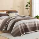 Litanika Oversized King Quilt Set Brown, 128x120 Stripe Bedspread Coverlet 3 Pieces, Brown Lightweight Quilted Bedding Set for All Season(Super King Plus-1 Quilt, 2 Pillowcases)