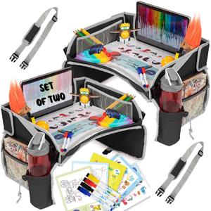 PILLANI Kids Travel Tray for Car - Carseat Tray w/iPad Holder & Dry Erase Board, Road Trip Essentials - Toddler Lap Desk Organizer for Airplane - Roadtrip Activities & Travel Essentials - Pack of 2