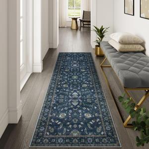 Wonnitar Floral Runners for Hallways, 2.5x8 Washable Runner Rug, Non Slip Vintage Blue Kitchen Runner Rug, Ultra-Thin Stain Resistant Soft Hallway Runner Carpet Runner for Bedroom,(Blue,2'6"x8')
