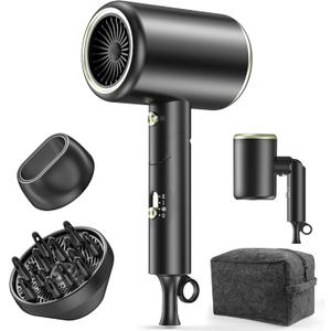 Hair Dryer, 150000RPM Ionic Blow Dryer - Fast Drying, Low Noise, Foldable Portable with Diffuser and Nozzle, Compact Mini for Women and Men, Home and Travel(Black)