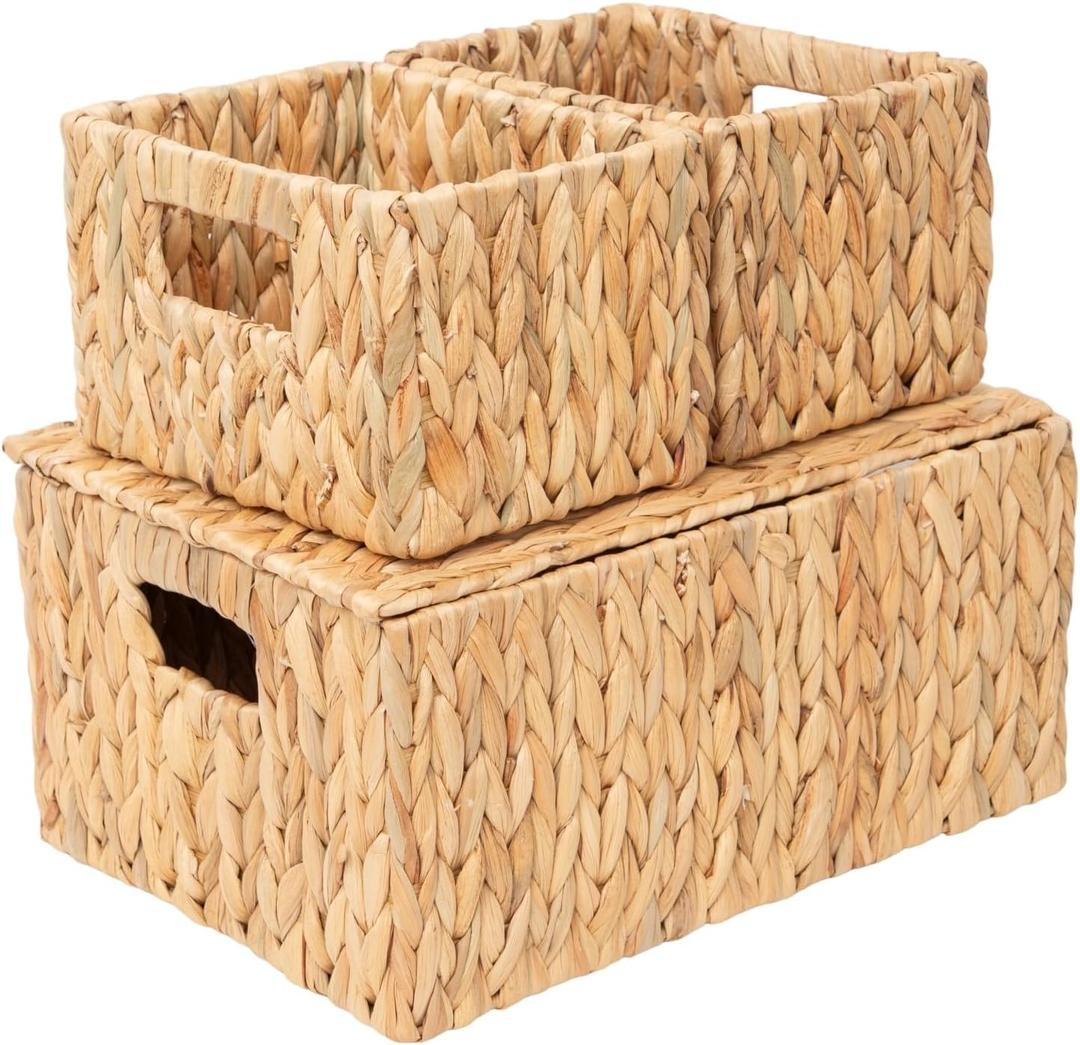 Water Hyacinth Storage Baskets with Handles Set of 3, Handmade Natural Woven basket with lid, Rustic Farmhouse Style for Shelf Home Organization