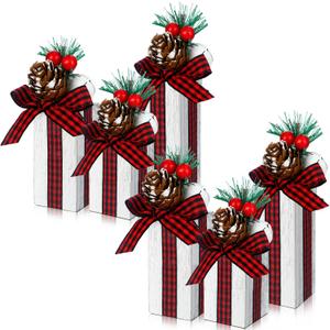 Soaoo 6 Pcs Christmas Table Decoration Wooden Gifts Box Christmas Table Centerpiece with Buffalo Plaid Bowknot Faux Present Wooden Blocks Rustic Tiered Tray Decor for Xmas Party(White)