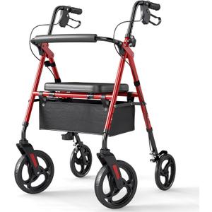 ELENKER Rollator Walker with 10 Wheels, Sponge Padded Seat and Backrest, Fully Adjustment Frame for Seniors, Red