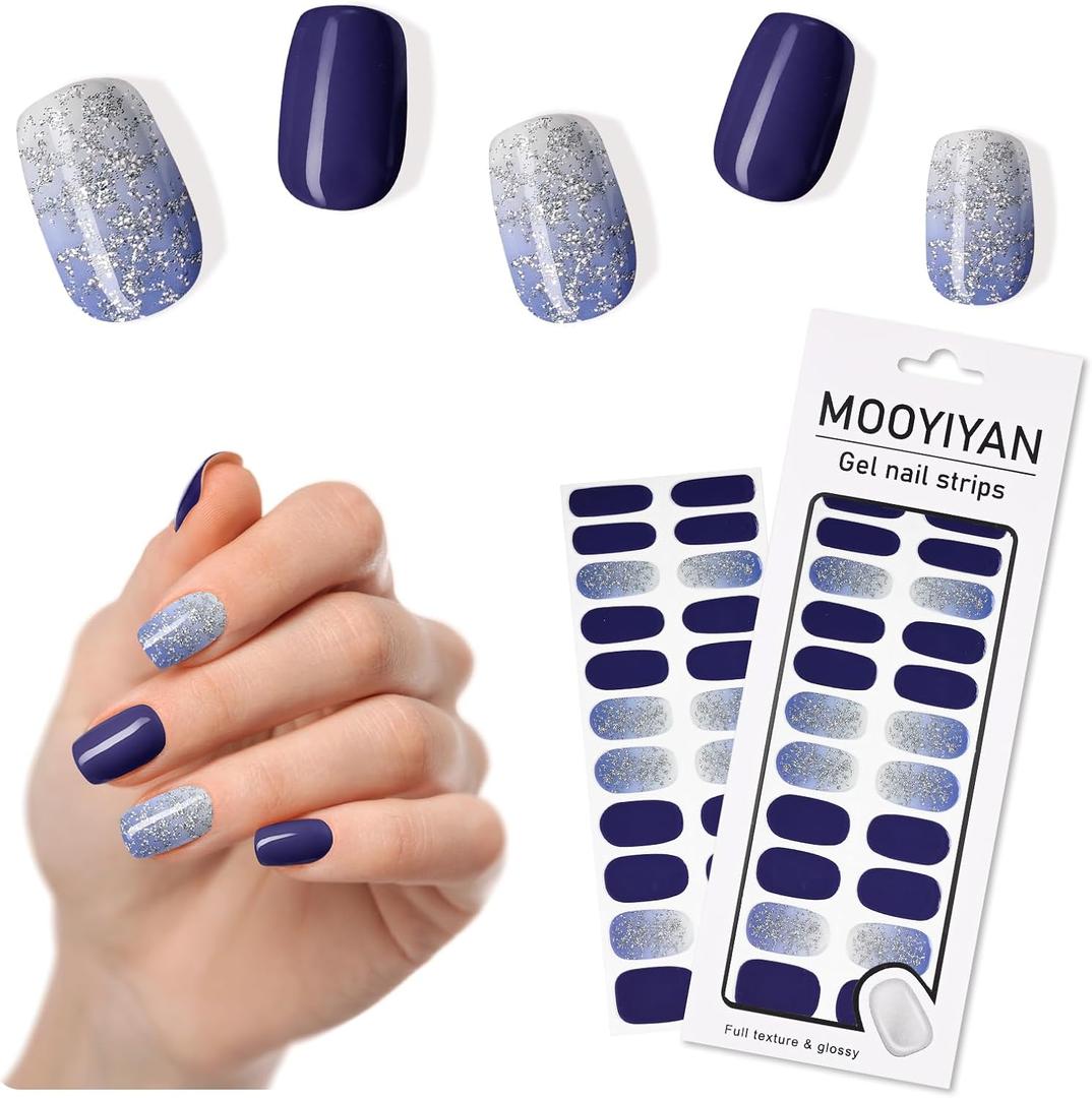 3 x MOOYIYAN Gloss Nail Strips|Uv Free|22 Pcs,Gel Nail Stickers|Long Lasting Two Weeks and Easy to Apply&Remove|Dazzle Blue
