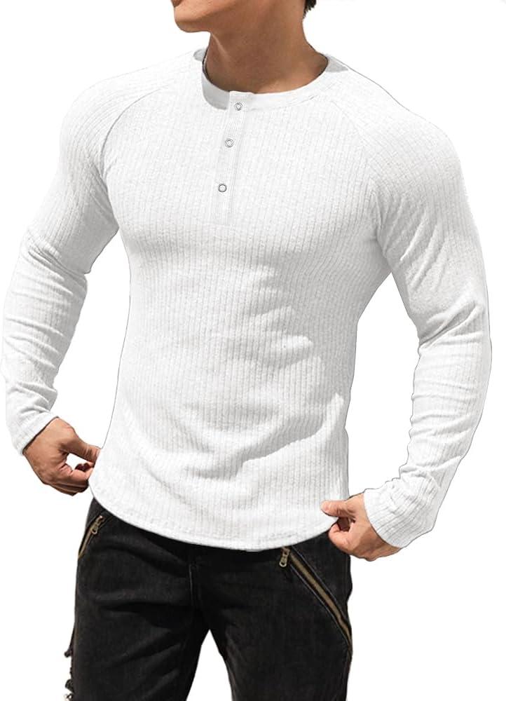 Men's Cotton Muscle Henley Shirts Slim Fit Long & Short Sleeve T-Shirt Stretchy Casual Stylish Ribbed Tee (White, XXL)