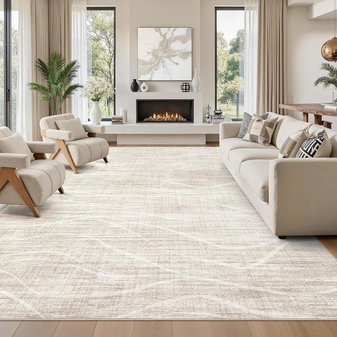 WITSHOCK 10x14 Area Rugs for Living Room, Machine Washable Rug Large Lightweight Rugs, Neutral Modern Carpet for Bedroom Dining Room Nursery Home Office, Low Pile Stain Resistant Non Slip Rug, Beige