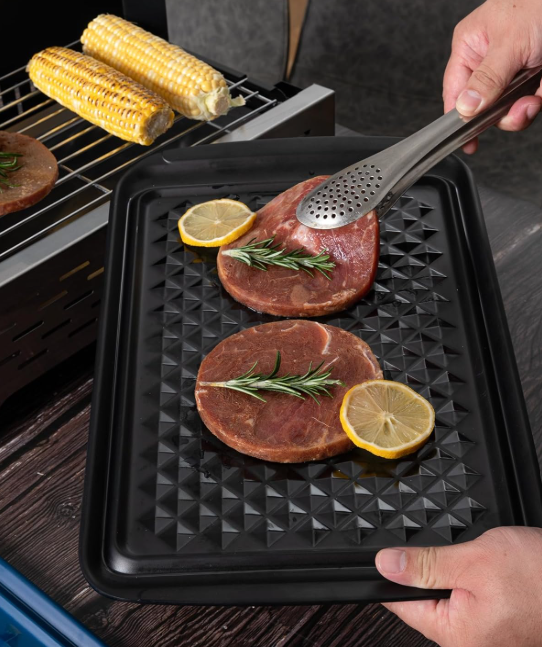 Grilling Prep and Serve Trays, BBQ Tray for Raw and Cooked Food, Melamine Marinating Serving Platter and Grill Tray for Outdoor, Parties and BBQ, Food Trays, Set of 2, Black