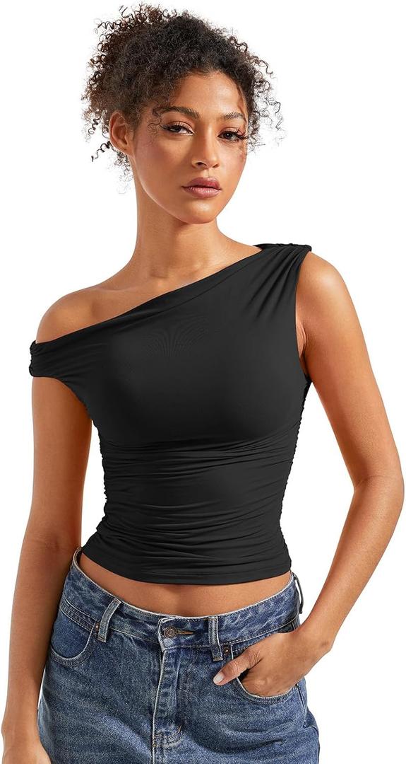 SUUKSESS Women Off Shoulder Tops Sleeveless Shirts Y2K Going Out Crop Tank Top (Medium, Black)