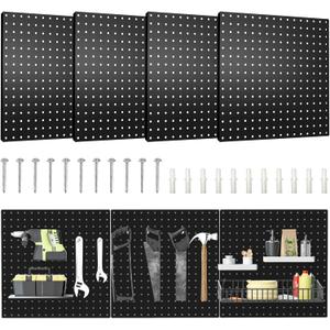 Pegboard, 4 PCS 1616 Large Heavy Duty Metal Pegboard Panels with Frame Black Peg Board Display Peg Boards for Walls, Display, Garage Tool Storage, Office Organization, Craft Room, Kitchen