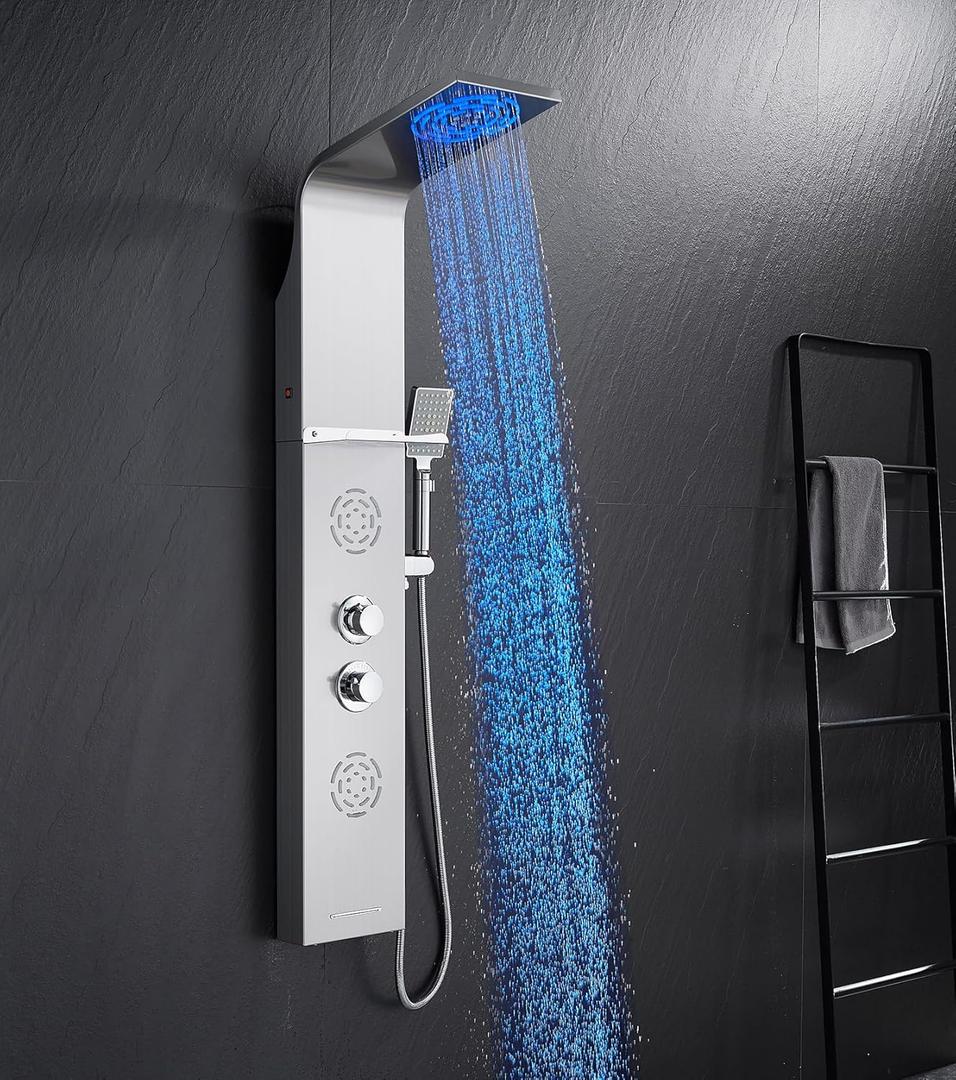 POPFLY Shower Panel Tower System with Shelf, LED Mist & Rain Shower Head, 304 Stainless Steel Shower Tower, 2 Body Jets, Tub Spout, Brushed