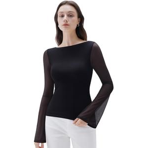 SUUKSESS Women Mesh Sheer Bell Sleeve Tops Double Lined Boat Neck Going Out Shirts Fall Fashion Outfits 2025 (Black, S) (Black, S)