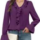 Funlingo Womens Blouses Dressy Casual Long Sleeve Ruffle Chiffon Top Ladies Spring Trendy Work Shirts 2026 (X-Large, Deep Violet)