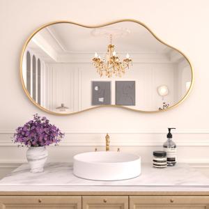 WEER Irregular Wall Mirror, 20x36 inch Gold Asymmetrical Mirror Wall Mounted Mirrors Decorative, Abstract Wavy Aluminum Alloy Frame Mirror for Bathroom, Bedroom, Living Room, Entryway