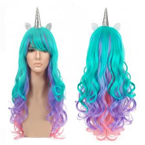 JOHOUSE 27.5 Inches Rainbow Hair Wig, Cosplay Wig Headpiece for Costume Cosplay Party Halloween, Full Long Curly Wavy(Green)