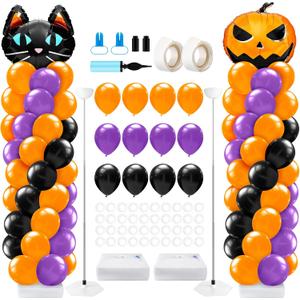Kasyat 2 Set Halloween Balloon Column Stand Kit with Cat Head Scary Pumpkin Foil Balloon Orange Black Purple Arch Garland Kit for Spooky Birthday Party Halloween Theme Decoration