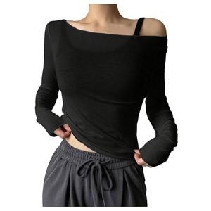 QJQ Women's Sheer Mesh Off The Shoulder Tops Long Sleeve See Through Shirts Going Out Party Club Outfits Black XX-Large