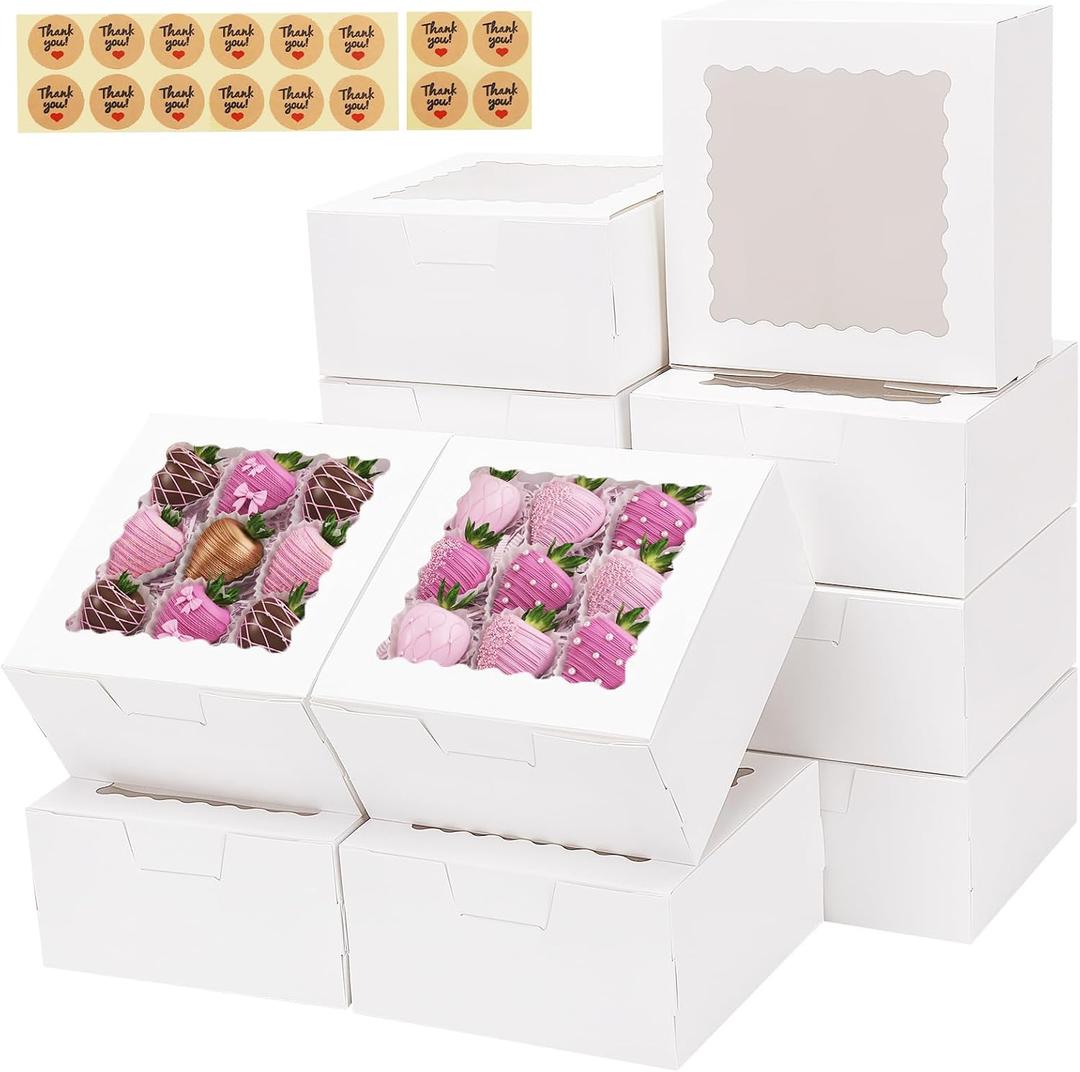 TOMNK 16pcs Cookie Boxes with Window, 6x6x3 Inches Bakery Boxes for Treats, Chocolate Covered Strawberries, Cupcake, Pastry, for Mother's Day Gifting(with Stickers)