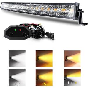 ASLONG 52 Inch 300W Curved LED Light Bar White/Amber Flasing Strobe with Six Modes Spot Flood Combo Offroad Driving Light, 1pcs Wiring Harness Switch for Pickup Offroad Truck 4WD SUV ATV UTV
