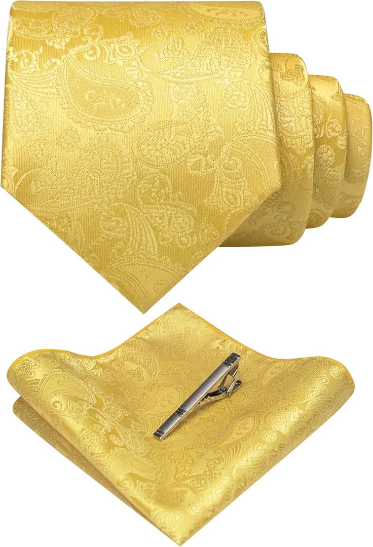JEMYGINS Men's Light Yellow Paisley Necktie and Pocket Square with Tie Clip Sets (48)