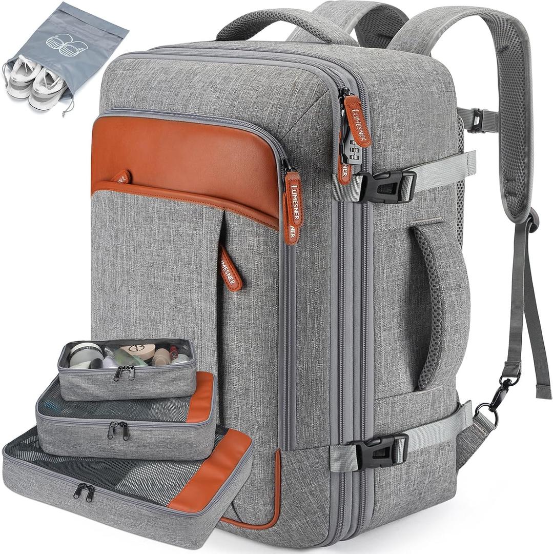Lumesner Carry on Travel Backpacks, Extra Large 40L Flight Approved Bag for Men & Women,Expandable Suitcase Backpack With 4 Packing Cubes,Water Resistant Luggage Daypack Business Weekender Bag, Grey (20 Inch)