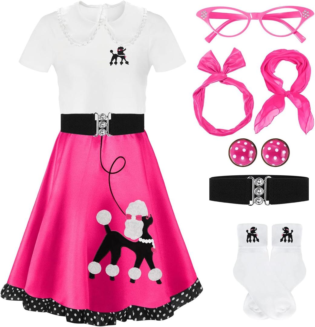 8 Pcs 50s Poodle Skirt Costume Girls Kids Sock Hop Outfit 1950s Costume Accessories Birthday Halloween Cosplay (4-6 Years, Hot Pink)