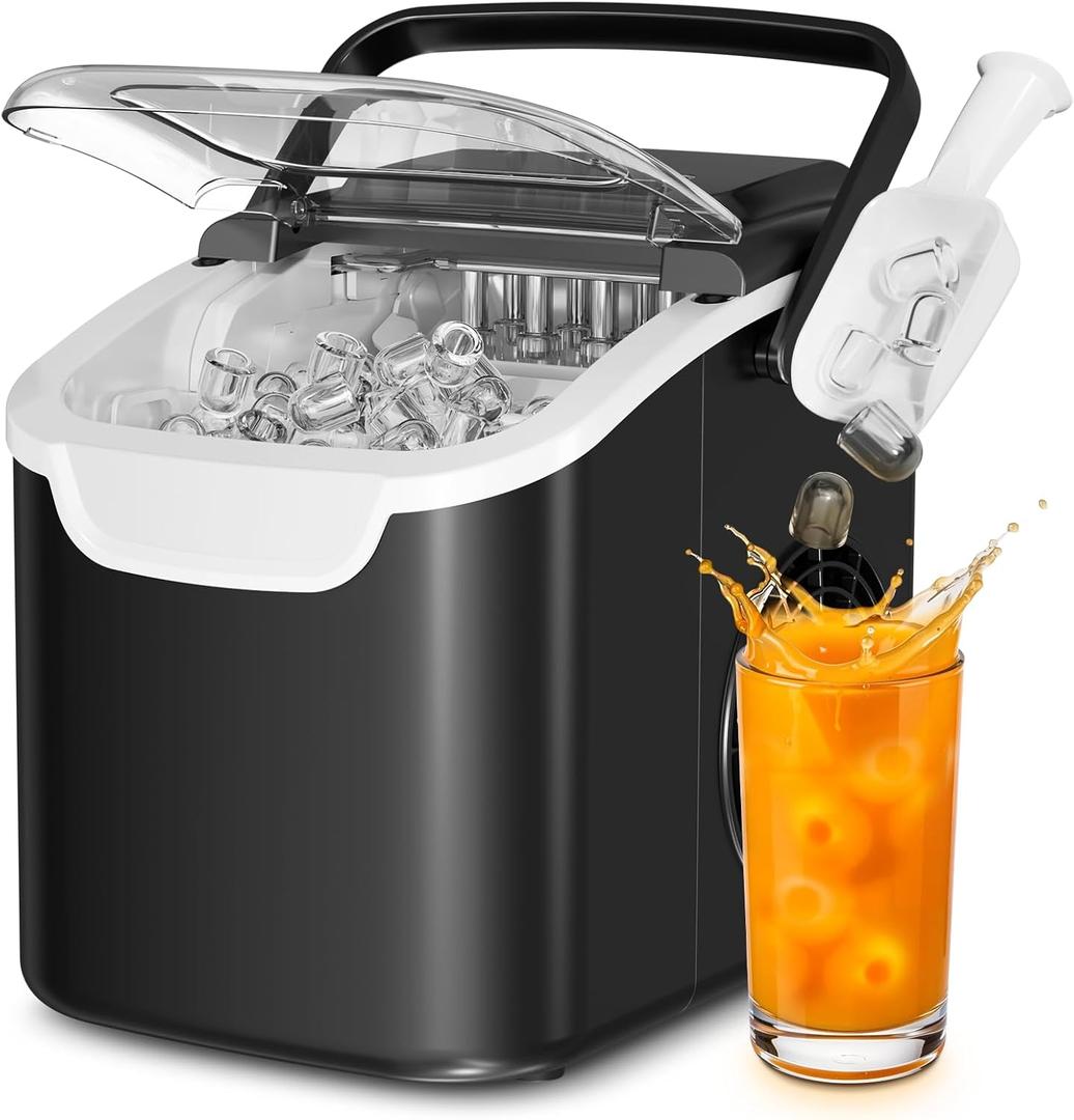 Antarctic Star Countertop Ice Maker with Handle, Selectable S/L Ice Size, 26.5 lbs/24Hrs, 8 Ice Cubes in 6 Mins, Auto-Cleaning, Portable with Ice Basket & Scoop for Home/Kitchen/Camping/RV