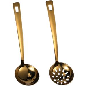 2-Pack Gold Soup Ladle With Colander, 9.5 Inch Heavy Duty Stainless Steel Hotpot Serving Spoons, Kitchen Stirring Utensils (Gold)