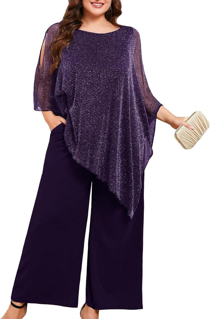 ZOMVA Plus Size Mother of the Bride Pant Suits Dressy 2 Piece Asymmetric Cape Set with Pockets Wedding Guest Outfit (Sparkly Drak Purple, XL)