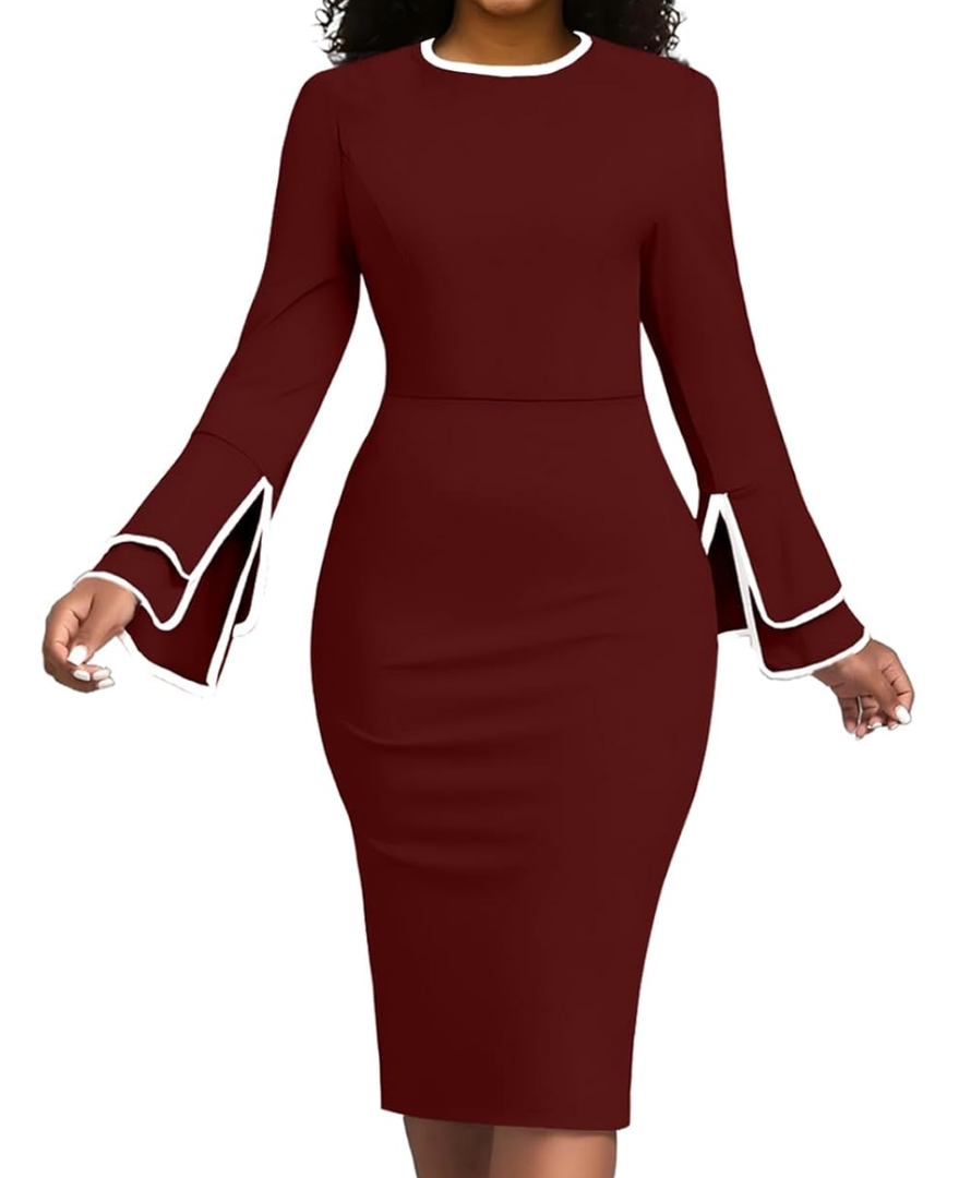 Church Dress for Women Flared Sleeve Midi Pencil Dress Elegant Teacher Office Business Wear to Work Dresses. Size Large