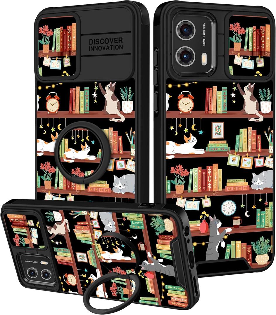for Moto G Power 5G 2024 Case - Women Girls Cute Phone Cover Girly Pretty Aesthetic Cat and Books Unique Design with Camera Cover and Ring Stand Funda for Motorola G Power 5G 2024