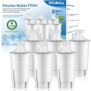 BREAUILL Water Filter Replacement Compatible with Brita Water Filter, Pitchers, Classic, OB03, Mavea,10700, 35557, Pitcher Water Filter by BREAUILL, New Upgraded Reduce TDS, Chlorine (6PCS)