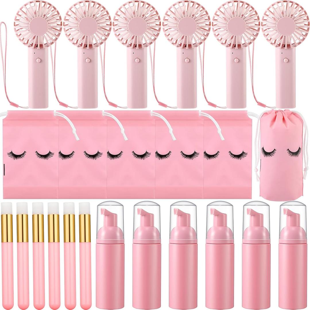 Woanger 24pcs Lash Shampoo Kits Rechargeable Handheld USB Portable Fans Eyelash Shampoo Brush Empty Bottle Drawstring Bag for Lash Care Operation Christmas Items Employee Appreciation Gift(Pink)