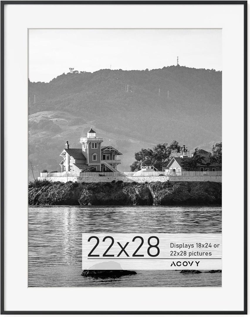 Premium Aluminum Picture Frame with Mat - HD Tempered Glass Metal Photo Frame for 18x24 Wall Display (Black, Pack of 1) (22''x28''-1P Real Glass)
