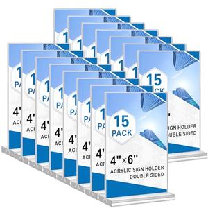 Acrylic Sign Holder 4x6, 15 Pack Clear Double Sided Menu Stand, Desktop Paper Holder Suitable for Restaurants, Office, Store, Show Fair