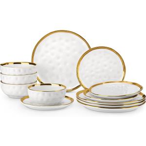 LOVECASA 12 Pieces Plates and Bowls Sets, Porcelain White and Gold Dinnerware Sets, Round Dinner Plates Dishes Set Service for 4, Dishwasher Safe and Scratch Resistant, White