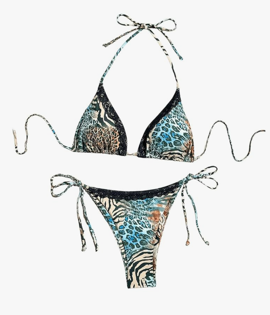 Verdusa Women's Leopard Halter Triangle Micro Bikini Set Swimwear Tie Side Thong 2 Piece Bathing Suits, M