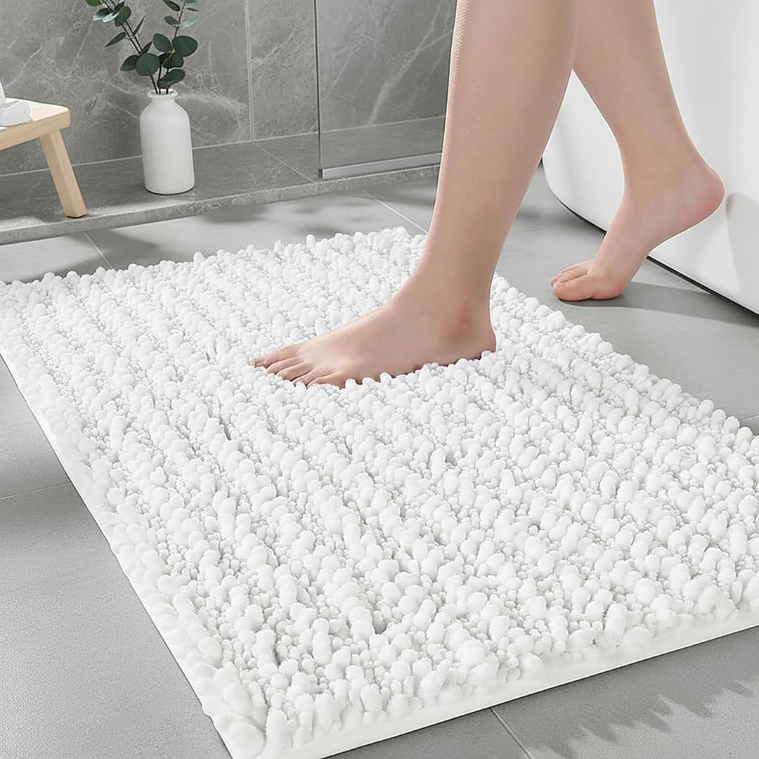 Bathroom Rugs Non Slip Washable 32x20, Extra Thick Soft Chenille Absorbent Bath Mat, High Density Barrier Non Slip Backing, Quick Dry Plush Shaggy Floor Carpet for Tub&Shower, White