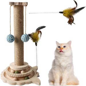 Cat Scratching Post, 4 in 1 Wooden Cat Scratcher Toy, 18" Tall Scratch Post with 2 Level Cat Track Balls, 2 Interactive Cat Feather Toys and 2 Sisal Hanging Balls for Indoor Kittens, Adult Cats