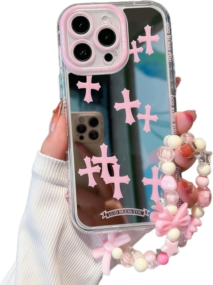 for iPhone 14 Pro Max Case, [Pink Cross Pattern][Shiny Mirror Case][2-in-1 Wristband with Beads] Soft TPU Frame, Shockproof & Anti-Drop, Suitable for Women & Girls