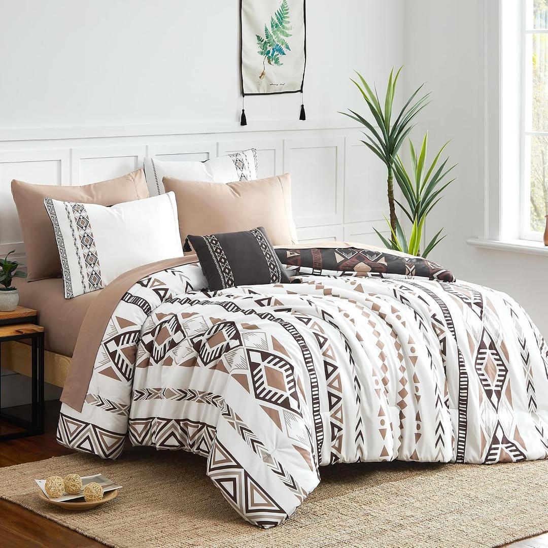 Geniospin King Size Comforter Set- 7 Pieces Boho Bed in a Bag, Western Bedding Set for All Seasons, Reversible Aztec Bedding, Lightweight Comforter Bed Set with Sheets, Pillowcases & Shams