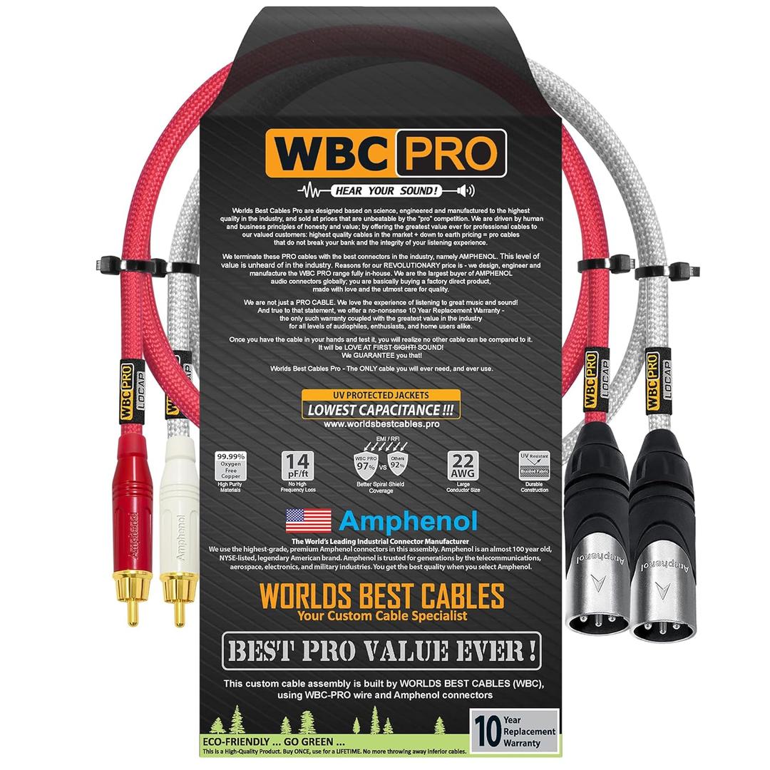 1.5 Foot RCA to XLR (Male) Cable Pair - WBC-PRO-LOCAP Low-Capacitance (14pF/ft) 22 AWG Ultra-Silent Audiophile & Pro-Grade Audio Interconnect Cable - Amphenol Plugs & Red & Silver Tweed Jackets