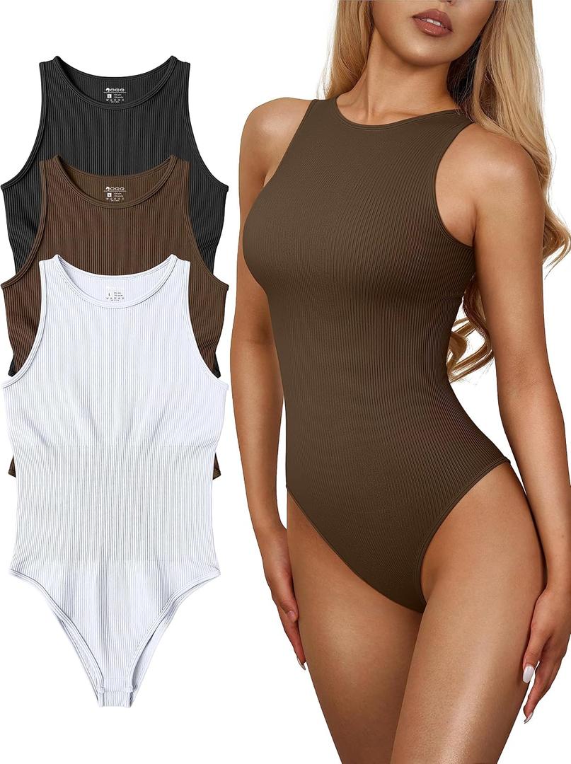 OQQ Women's 3 Piece Bodysuits Sexy Ribbed One Piece Sleeveless Halter Neck Tops Leotard Summer Trendy, Medium