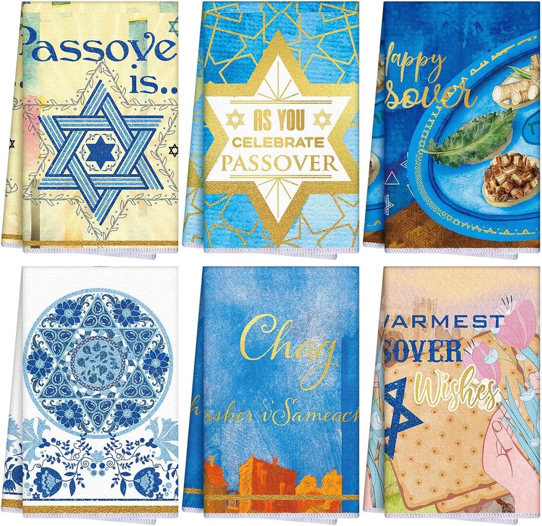 Peryiter 6 Pcs Passover Kitchen Towels 14.2 x 21.3 Inches Assorted Jewish Holiday Kitchen Towel Star of David Jewish Seder Plate Towel Passover Party Decorations Gift for Festival Holiday Party