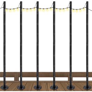 6 Pack 10 Ft String Light Poles for Outdoor String Lights, Heavy Duty Metal Outdoor Light Poles for Deck, Backyard, Garden, Patio, Wedding, Party