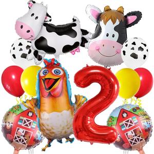 Farm Animal 2nd Birthday Party Decorations Farm Animals Foil Balloons for Kids 2nd Birthday Baby Shower Cow Farm Animals Theme Party Decorations (2nd Birthday)