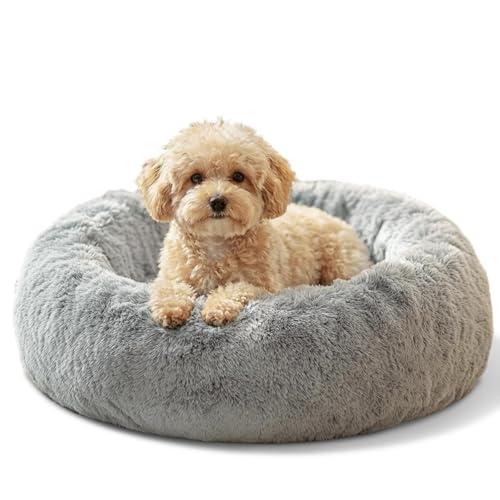 JOLLYVOGUE Small Dog & Cat Beds for Indoor Cats - 20 inches Calming Donut Dog Bed for Kittens & Puppies, Washable Round Fluffy Plush Faux Fur Pet Bed, White-Blue