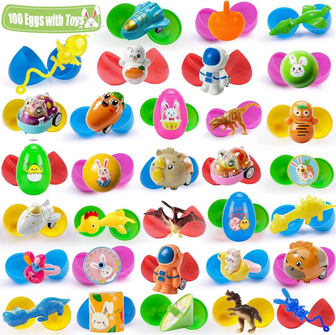 SQZUWIT 100 Pcs Prefilled Easter Eggs Filled with Toys Inside for Kids Boys Girls Pre-filled Easter Hunt Basket Stuffers Essentials Fillers Party Favors Classroom Prize Supplies