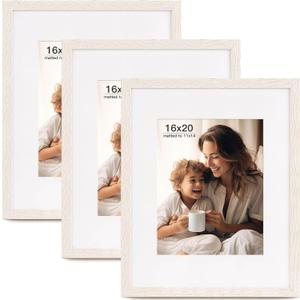 FinalFind 16x20 Picture Frame with Mat for 11x14 Set of 3, Distressed White Wood Grain 16x20 Frames for Horizontal & Vertical Wall Mounting (3 Pack,White)