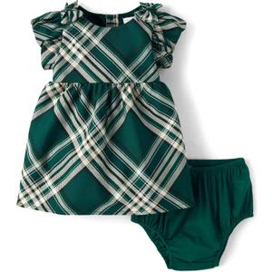 The Children's Place Baby Girls' And Newborn Short Sleeve Dressy Dress and Diaper Cover Set (6-9 Months, Balt Green Plaid)